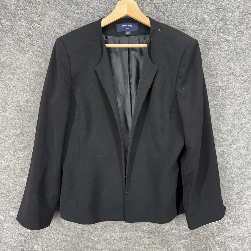 Jones Wear Blazer Women 14 Black Collared Long Sleeve Open Front Lined Casual